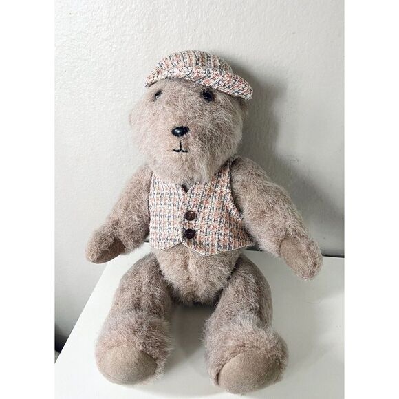 Antique Other - Vintage Rare Jointed Teddy Bear With Ascot Cap Stuffed Animal Plush